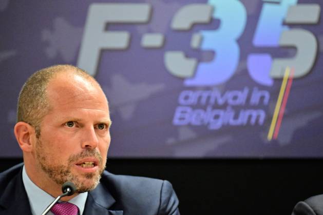 Minister of Defence and Foreign Trade Theo Francken pictured during the opening of the Complex F-35 which will house the newly arrived Lockheed Martin F-35 Lightning II fighter jets at the Florennes military airbase, Monday 13 October 2025. DIRKxWAEM 136674235
