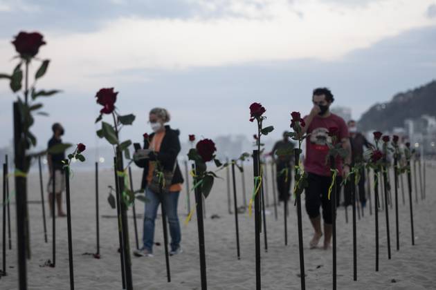 500 thousand deaths by Covid19 in Brazil RIO DE JANEIRO, BRAZIL - JUNE 20: Red roses planted during an event to pay homage to the over 500,000 registered Covid-19 victims and protest against the government s response to the pandemic organized by ONG Rio de Paz at Copacabana Beach on June 20, 2021 in Rio de Janeiro, Brazil. Brazil surpasses 500,000 deaths from coronaviruses, registered the sad mark of half a million deaths since the beginning of the health crisis. Rio de Janeiro Brazil. Editorial use only. Please get in touch for any other usage.  Copyright: x2025xAnadoluxFabioxTeixeirax