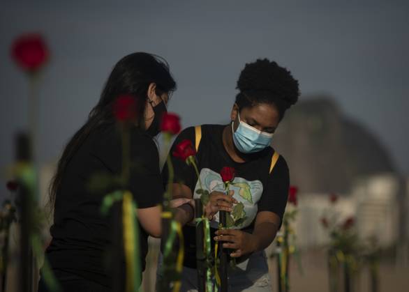500 thousand deaths by Covid19 in Brazil RIO DE JANEIRO, BRAZIL - JUNE 20: Red roses planted during an event to pay homage to the over 500,000 registered Covid-19 victims and protest against the government s response to the pandemic organized by ONG Rio de Paz at Copacabana Beach on June 20, 2021 in Rio de Janeiro, Brazil. Brazil surpasses 500,000 deaths from coronaviruses, registered the sad mark of half a million deaths since the beginning of the health crisis. Rio de Janeiro Brazil. Editorial use only. Please get in touch for any other usage.  Copyright: x2025xAnadoluxFabioxTeixeirax