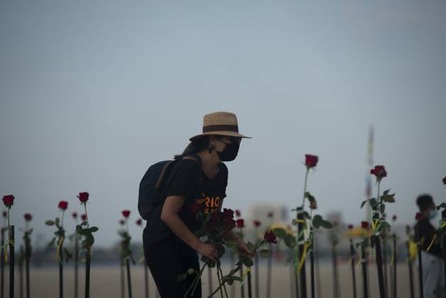 500 thousand deaths by Covid19 in Brazil RIO DE JANEIRO, BRAZIL - JUNE 20: Red roses planted during an event to pay homage to the over 500,000 registered Covid-19 victims and protest against the government s response to the pandemic organized by ONG Rio de Paz at Copacabana Beach on June 20, 2021 in Rio de Janeiro, Brazil. Brazil surpasses 500,000 deaths from coronaviruses, registered the sad mark of half a million deaths since the beginning of the health crisis. Rio de Janeiro Brazil. Editorial use only. Please get in touch for any other usage.  Copyright: x2025xAnadoluxFabioxTeixeirax