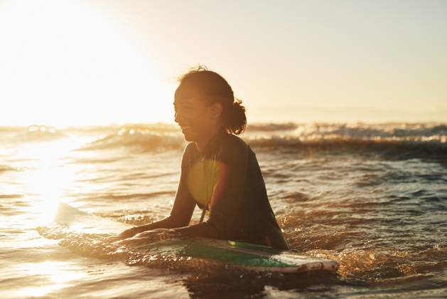 Surfer, woman and swimming in ocean with wetsuit for summer adventure, sunset and fun activity in water. Girl, surfing sport and floating in waves with board for vacation travel, exercise and peace Surfer, woman and swimming in ocean with wetsuit for summer adventure, sunset and fun activity in water. Girl, surfing sport and floating in waves with board for vacation travel, exercise and peace., model released, , 60609452.jpg RECORD DATE NOT STATED