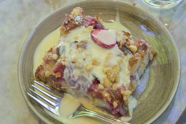 Fruit cake, rhubarb, strawberry, vanilla sauce, typical Finnish dish, Helsinki, Finland