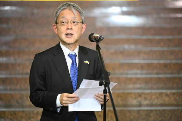 Ambassador Extraordinary and Plenipotentiary of Japan to Ukraine Masashi Nakagome delivers a speech at the opening of the exhibition Pavilion Not For Sale at EXPO 2025 in Japan. Now in Ukraine at the Ukrainian House, Kyiv, Ukraine, on October 31, 2025. The pavilion, which was presented at the World Expo 2025 in Japan and visited by more than 3.2 million people, includes 18 objects representing human values and personal stories from Ukraine (Photo by Danylo Antoniuk Ukrinform) Ukrainian pavilion Not For Sale for EXPO 2025 presented at Ukrainian House Copyright: xDanyloxAntoniukx