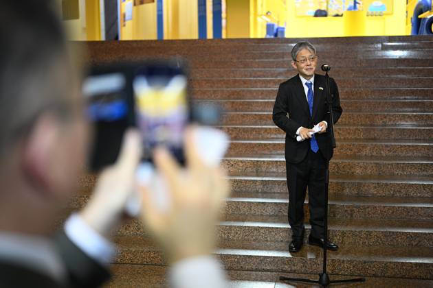 Ambassador Extraordinary and Plenipotentiary of Japan to Ukraine Masashi Nakagome delivers a speech at the opening of the exhibition Pavilion Not For Sale at EXPO 2025 in Japan. Now in Ukraine at the Ukrainian House, Kyiv, Ukraine, on October 31, 2025. The pavilion, which was presented at the World Expo 2025 in Japan and visited by more than 3.2 million people, includes 18 objects representing human values and personal stories from Ukraine (Photo by Danylo Antoniuk Ukrinform) Ukrainian pavilion Not For Sale for EXPO 2025 presented at Ukrainian House Copyright: xDanyloxAntoniukx