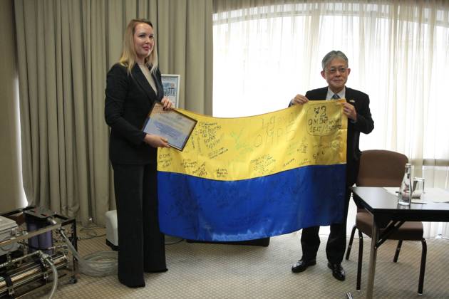 Ambassador Extraordinary and Plenipotentiary of Japan to Ukraine Masashi Nakagome and General Director of the Kyiv Regional Mental Health Center (KRMHC) Nataliia Kravchuk attend the handover ceremony of water purification equipment to the center she heads from Japanese company Waqua Inc., Kyiv, Ukraine, on October 29, 2025 (Photo by Hennadii Minchenko Ukrinform) Japan donates water purification equipment to medical center in Kyiv region Copyright: xHennadiixMinchenkox