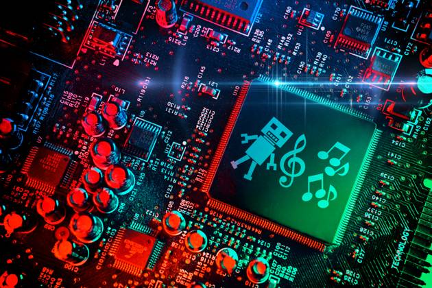 PHOTOMONTAGE, computer chip with robot figure, sheet music and clef, symbolic photo for the use of music and lyrics by artificial intelligence ** NUR FUER REDAKTIONELLE ZWECKE ** EDITORIAL USE ONLY **