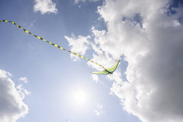 Green kite with long tail flying in blue sky with clouds and sunlight, EYAF03705