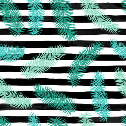 Watercolor Palm Leaves Black & White Stripes Elegant seamless background featuring watercolor palm leaves against black and white stripes. Perfect for holiday cards, invitations, summer party themes, or coastal-themed projects. A sophisticated and stylish pattern. Copyright: xJENYA777LEVCHENx