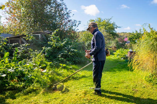 Senior man uses grass trimmer to cut overgrown lawn in his backyard Chelyabinsk, Chelyabinsk Oblast, Russia CR_STCJ260106-1921654-01 ,model released, Symbolfoto