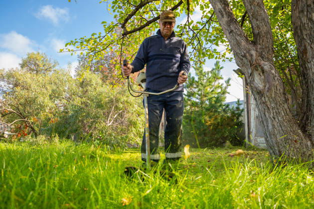 Senior man uses grass trimmer to cut overgrown lawn in his backyard Chelyabinsk, Chelyabinsk Oblast, Russia CR_STCJ260106-1921672-01 ,model released, Symbolfoto