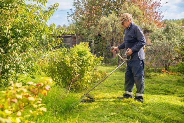 Senior man uses grass trimmer to cut overgrown lawn in his backyard Chelyabinsk, Chelyabinsk Oblast, Russia CR_STCJ260106-1921693-01 ,model released, Symbolfoto