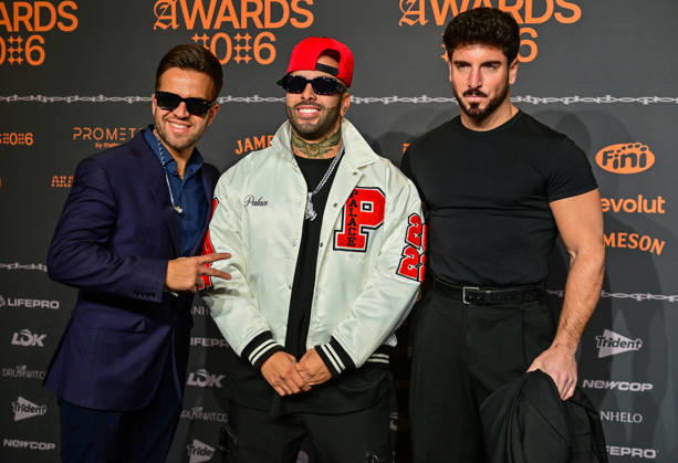 January 10, 2026, Madrid, Madrid, SPAIN: Content creators and guests pose on the black carpet during the third edition of the Army Awards, held on Saturday, January 10, at the Madrid Arena in Madrid. Known as the Ã¢â‚¬oeinternet anti-awards,Ã¢â‚¬Â the ceremony honors the most viral moments, trends, and personalities from social media over the past year in a script-free gala hosted by Ceciarmy and Santiago Segura. In the image Doble Nicky Jam Madrid SPAIN - ZUMAz108 20260110_znp_z108_195 Copyright: xRichardxZubelzux