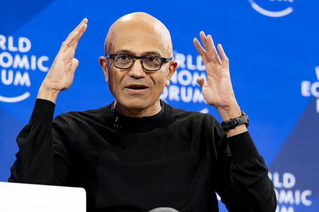 Satya Nadella at World Economic Forum in Davos Conversation with Satya Nadella, CEO of Microsoft session with Laurence Fink, Chair and CEO, BlackRock; Interim Co-Chair, World Economic Forum, BlackRock, USA; Satya Nadella; at the World Economic Forum Annual Meeting 2026 in Davos-Klosters, Switzerland, on 20 1 2026, Credit:World Economic Forum Avalon Davos-Klosters, Switzerland  Copyright: xWorldxEconomicxForumx xAvalonx 1067626226