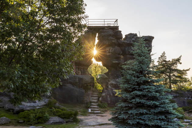 Töpfer rock gate with sun passage at the summer solstice, Mount Töpfer near Oybin, sun sanctuaries of Upper Lusatia, Zittau Mountains, Saxony, Germany