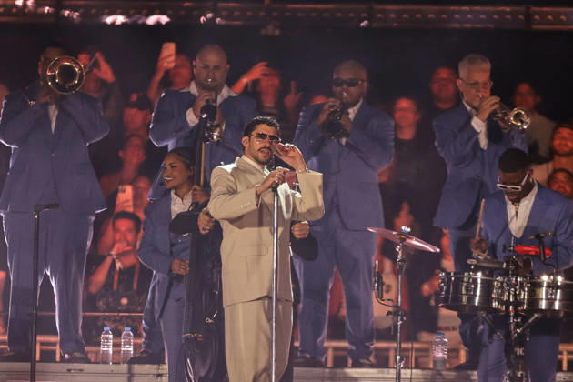 Bad Bunny performs first Buenos Aires concert of world tour BUENOS AIRES, ARGENTINA - FEBRUARY 13: Puerto Rican singer Bad Bunny performs during the first of his three scheduled shows at Estadio Monumental in Buenos Aires, Argentina, as part of his Debi Tirar Mas Fotos world tour, in Buenos Aires, Argentina on February 13, 2026. The artist arrived in Argentina following a high-profile appearance at the Super Bowl, where he delivered strong criticism of US policies, and after winning a Grammy Award, becoming the first Spanish-language album to receive the Album of the Year honor. The concert drew tens of thousands of fans, marking one of the most anticipated musical events of the year in the Argentine capital. Luciano Gonzalez Anadolu Bu Copyright: x2026xAnadoluxLucianoxGonzalezx