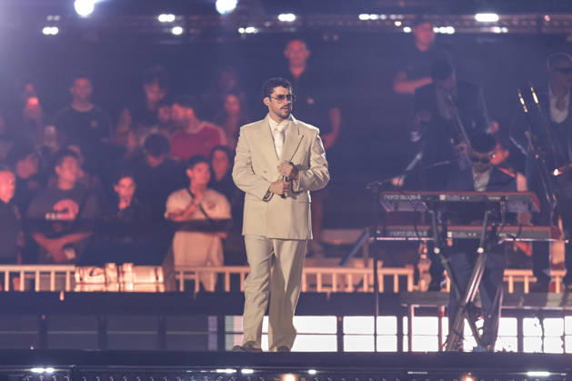 Bad Bunny performs first Buenos Aires concert of world tour BUENOS AIRES, ARGENTINA - FEBRUARY 13: Puerto Rican singer Bad Bunny performs during the first of his three scheduled shows at Estadio Monumental in Buenos Aires, Argentina, as part of his Debi Tirar Mas Fotos world tour, in Buenos Aires, Argentina on February 13, 2026. The artist arrived in Argentina following a high-profile appearance at the Super Bowl, where he delivered strong criticism of US policies, and after winning a Grammy Award, becoming the first Spanish-language album to receive the Album of the Year honor. The concert drew tens of thousands of fans, marking one of the most anticipated musical events of the year in the Argentine capital. Luciano Gonzalez Anadolu Bu Copyright: x2026xAnadoluxLucianoxGonzalezx