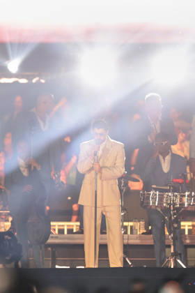 Bad Bunny performs first Buenos Aires concert of world tour BUENOS AIRES, ARGENTINA - FEBRUARY 13: Puerto Rican singer Bad Bunny performs during the first of his three scheduled shows at Estadio Monumental in Buenos Aires, Argentina, as part of his Debi Tirar Mas Fotos world tour, in Buenos Aires, Argentina on February 13, 2026. The artist arrived in Argentina following a high-profile appearance at the Super Bowl, where he delivered strong criticism of US policies, and after winning a Grammy Award, becoming the first Spanish-language album to receive the Album of the Year honor. The concert drew tens of thousands of fans, marking one of the most anticipated musical events of the year in the Argentine capital. Luciano Gonzalez Anadolu Bu Copyright: x2026xAnadoluxLucianoxGonzalezx
