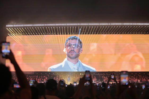 Bad Bunny performs first Buenos Aires concert of world tour BUENOS AIRES, ARGENTINA - FEBRUARY 13: Puerto Rican singer Bad Bunny performs during the first of his three scheduled shows at Estadio Monumental in Buenos Aires, Argentina, as part of his Debi Tirar Mas Fotos world tour, in Buenos Aires, Argentina on February 13, 2026. The artist arrived in Argentina following a high-profile appearance at the Super Bowl, where he delivered strong criticism of US policies, and after winning a Grammy Award, becoming the first Spanish-language album to receive the Album of the Year honor. The concert drew tens of thousands of fans, marking one of the most anticipated musical events of the year in the Argentine capital. Luciano Gonzalez Anadolu Bu Copyright: x2026xAnadoluxLucianoxGonzalezx