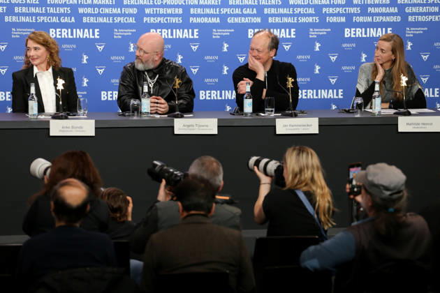 February 15, 2026, Berlin, Germany: (L-R) Anke Blonde, Angelo Tijssens, and Jan Hammenecker attend a press conference for the film Dust during the 76th Berlin International Film Festival (Berlinale), which is Europe s first major film festival of the year, in Berlin. The festival runs from February 12 to 22, 2026. Berlin Germany - ZUMAf146 20260215_zip_f146_030 Copyright: xRouzbehxFouladix