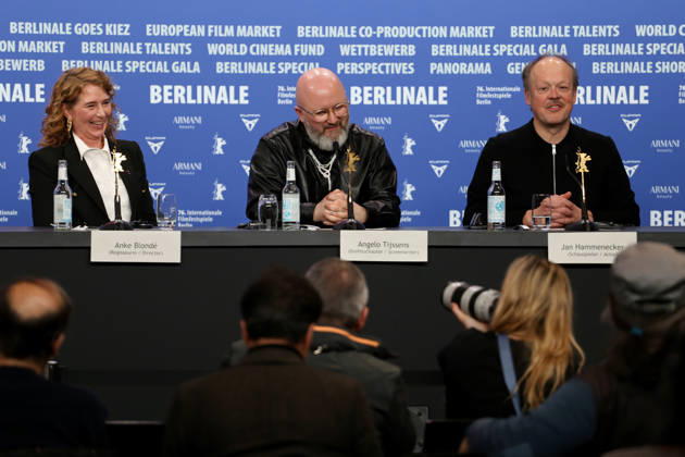 February 15, 2026, Berlin, Germany: (L-R) Anke Blonde, Angelo Tijssens, and Jan Hammenecker attend a press conference for the film Dust during the 76th Berlin International Film Festival (Berlinale), which is Europe s first major film festival of the year, in Berlin. The festival runs from February 12 to 22, 2026. Berlin Germany - ZUMAf146 20260215_zip_f146_041 Copyright: xRouzbehxFouladix