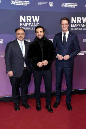 Walid Nakschbandi CEO Medienstiftung NRW , Elyas M Barek and Hendrik Wuest at the NRW reception on 15 02 2026 as part of the 76 Berlinale in Berlin NRW Berlinale reception in Berlin
