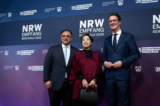 23 NRW Reception, Berlinale 23 NRW Reception, Berlinale, State Representation, Berlin, Hendrik Wüst, Minister President, North Rhine-Westphalia, Walid Nakschbandi, Managing Director, Film und Medienstiftung NRW, Shino Mitsuko, Ambassador, Japan Berlin Berlin GER