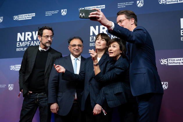 23 NRW Reception, Berlinale 23 NRW Reception, Berlinale, State Representation, Berlin, Hendrik Wüst, Minister President, North Rhine-Westphalia, Walid Nakschbandi, Managing Director, Film und Medienstiftung NRW, Selfie, Sandra Maischberger Berlin Berlin GER