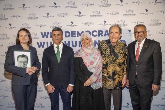 Svetlana Tikhanovskaya, Leopoldo Lopez, Tawakel Karman, Albie Sachs and Tedros Adhanom Ghebreyesus as guests at the Cinema For Peace Gala 2026 at the Hotel Adlon Kempinski on 16 02 2026 in Berlin Berlin Germany