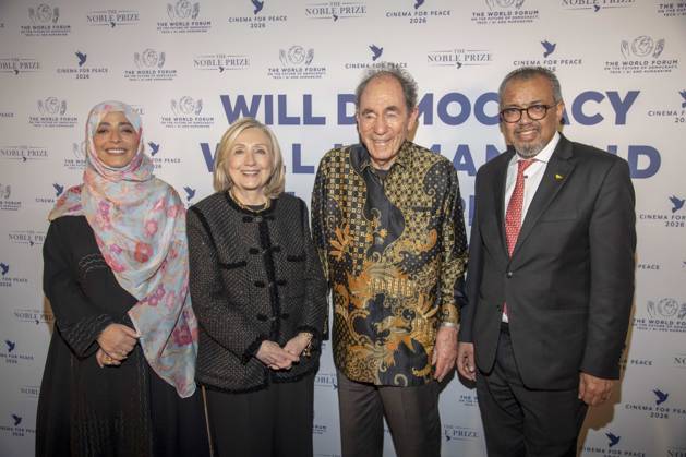 Tawakel Karman, Hillary Clinton Albie Sachs and Tedros Adhanom Ghebreyesus as guests at the Cinema For Peace Gala 2026 at the Hotel Adlon Kempinski on 16 02 2026 in Berlin Berlin Germany