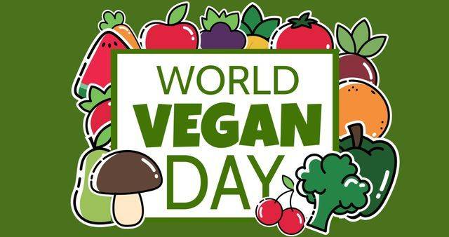 Image of world vegan day text over fruit and vegetable on green background, 10.12.2021 06:00:00, 3674575IFE-220509_2xcreatorid:x39 Copyright: xIFE-220509_2xcreatorid:x39x 3674575
