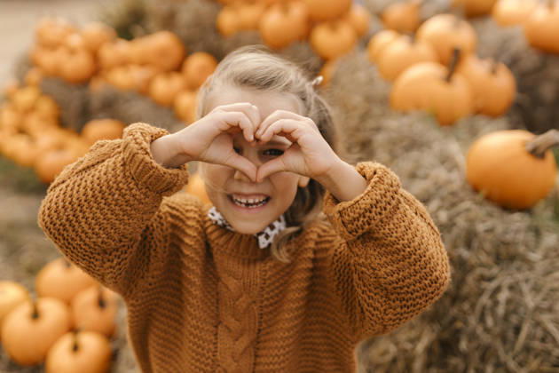 Child making heart gesture in pumpkin patch during autumn harvest model released, Symbolfoto, VIVF01728