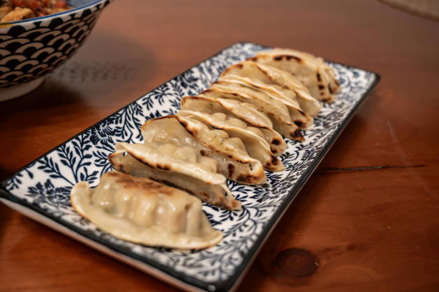 Fried dumplings on decorative serving plate 18 02 26, Eisenbach Symbol photo, illustration image, symbol image, illustration photo, everyday scene Close-up of fried dumplings, arranged on a rectangular serving plate with decorative pattern Food shot on a wooden table with selective sharpness and warm lig Copyright: xW2Artx xKlaraxMichelx