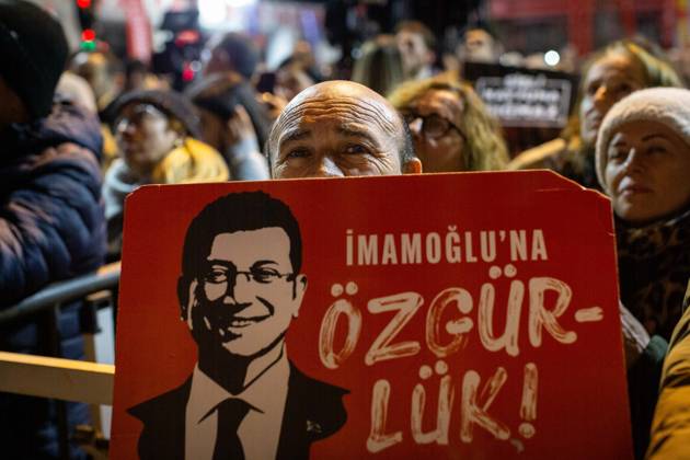 February 25, 2026: Istanbul, Turkey, February 26, 2026: Citizens hold Ekrem Imamoglu posters as they gather in the square. Following the arrest of Ekrem Imamoglu, the first regional gathering in Istanbul of the weekly Ã¢â‚¬oeStand Up for the Will of the PeopleÃ¢â‚¬Â rallies was held at Bakirkoy Cumhuriyet Square. At the 92nd stop of the series, citizens filled the square as The Republican PeopleÃ¢â‚¬â ¢s Party (CHP) Chairman Ozgur Ozel addressed the crowd. - ZUMAi72_ 20260225_znp_i72_015 Copyright: xTolgaxIldunx