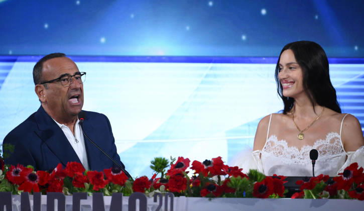 February 26, 2026, Sanremo, ITALY: (L-R) Sanremo Festival host and artistic director Carlo Conti and Russian model Irina Shayk attend a press conference at the 76th Sanremo Italian Song Festival, Sanremo, Italy, 26 February 2026. The Music Festival runs from 24 to 28 February 2026. ANSA ETTORE FERRARI Sanremo ITALY - ZUMAa110 20260226_zaf_a110_051 Copyright: xEttorexFerrarix
