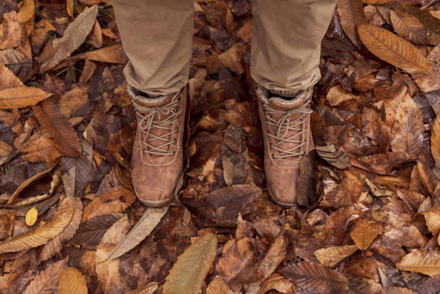 Autumn forest walk through fallen leaves Brown boots stepping through a forest floor covered with crisp autumn leaves, showcasing the earthy tones and textures of nature during this beautiful season. Model Released M-aCreativeStudio_ID33170_1129395_013 Copyright: xMxAxCreativexStudiox RECORD DATE NOT STATED