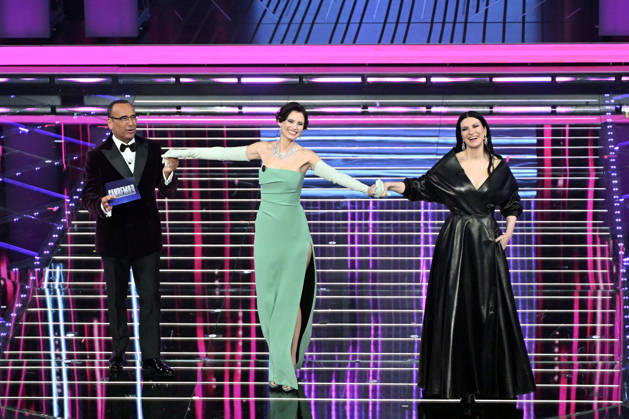 February 27, 2026, Sanremo, Rome, Italy: 76th Italian Song Festival, fourth night. Pictured: Carlo Conti, Bianca Balti, Laura Pausini . Sanremo. Italy 27 Feb 2026 Sanremo Italy - ZUMAa289 20260227_zia_a289_386 Copyright: xMariaxLauraxAntonellix