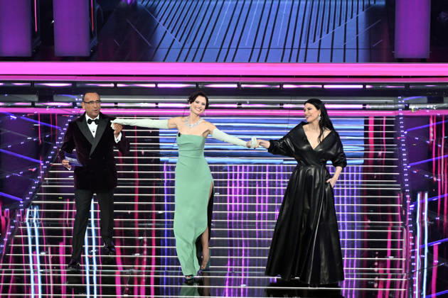 February 27, 2026, Sanremo, Rome, Italy: 76th Italian Song Festival, fourth night. Pictured: Carlo Conti, Bianca Balti, Laura Pausini . Sanremo. Italy 27 Feb 2026 Sanremo Italy - ZUMAa289 20260227_zia_a289_387 Copyright: xMariaxLauraxAntonellix