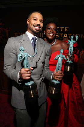 LOS ANGELES, CA - MARCH 1: Michael B. Jordan and Wunmi Mosaku at the 2026 Screen Actors Guild Awards After Party at the Shrine Auditorium in Los Angeles, California on March 1, 2026. Copyright: xWalikxGoshornx