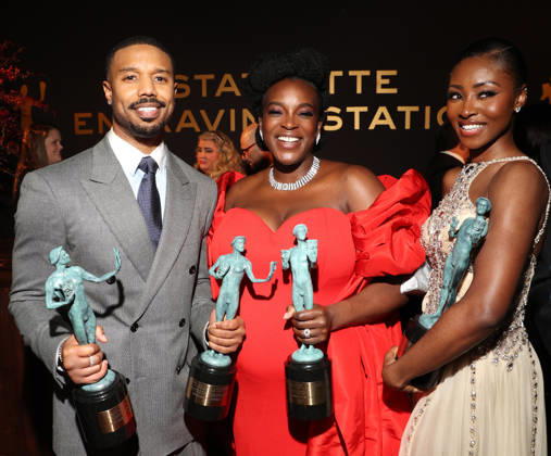 LOS ANGELES, CA - MARCH 1: Michael B. Jordan, Wunmi Mosaku and Jayme Lawson at the 2026 Screen Actors Guild Awards After Party at the Shrine Auditorium in Los Angeles, California on March 1, 2026. Copyright: xWalikxGoshornx