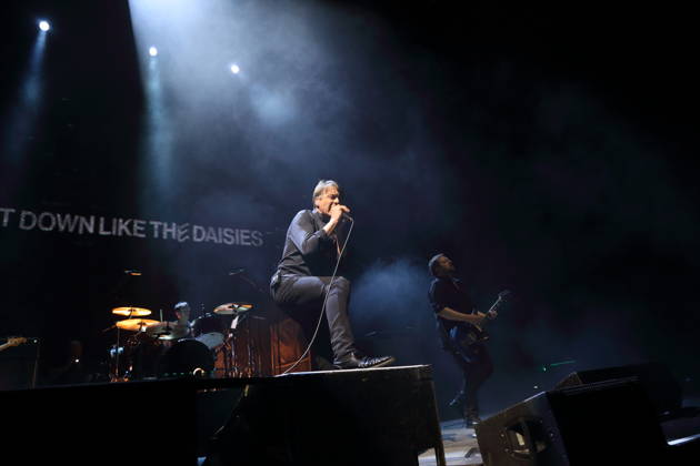 Simon Gilbert, Brett Anderson and Richard Oakes, from left, of the band Suede at a concert at the Uber Eats Music Hall in Berlin, March 9, 2026 Suede concert Berlin