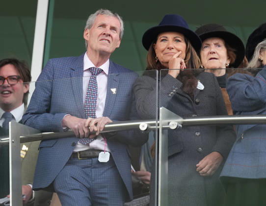 Ladies Day at Cheltenham Festival Brendan Moran and Carole Middleton cheer on the racing as they attend Ladies Day at Cheltenham Festival, Cheltenham Racecourse, Cheltenham, Gloucestershire, UK, on the 11th March 2026 Picture by James Whatling Cheltenham Cheltenham Racecourse Gloucestershire United Kingdom  WHA-0810