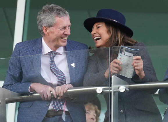 Ladies Day at Cheltenham Festival Brendan Moran and Carole Middleton cheer on the racing as they attend Ladies Day at Cheltenham Festival, Cheltenham Racecourse, Cheltenham, Gloucestershire, UK, on the 11th March 2026 Picture by James Whatling Cheltenham Cheltenham Racecourse Gloucestershire United Kingdom  WHA-0810