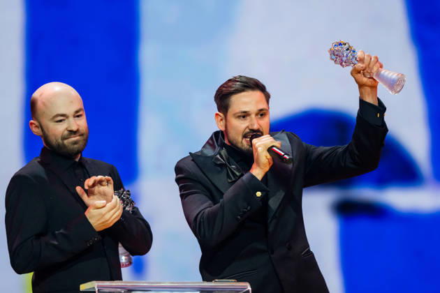 Czech Film and Television Academy (CFTA) presents Czech Lion annual film awards at the 33rd annual ceremony in Congress Centre Prague, on March 14, 2026. Jonatan Pastircak (right) and Ondrej Mikula received the award for Best Music for their film The Broken Voices. (CTKxPhoto OndrejxDeml) CTKPhotoP2026031406575  CTKPhotoP2026031406575