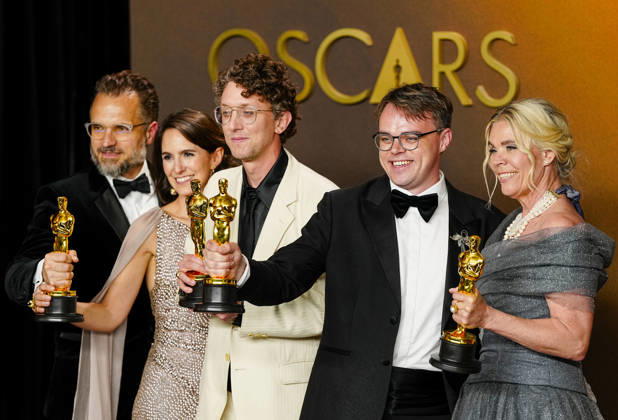 David Borenstein, Pavel Talankin, Helle Faber, Alzbeta Karaskova, and Robin Hessman celebrate in the press photo room after winning the Best Documentary Feature Film Oscar for Mr. Nobody Against Putin during the 98th annual Academy Awards in the Hollywood section of Los Angeles on Sunday, March 15, 2026.  LAP20260315377 BONNIExCASH