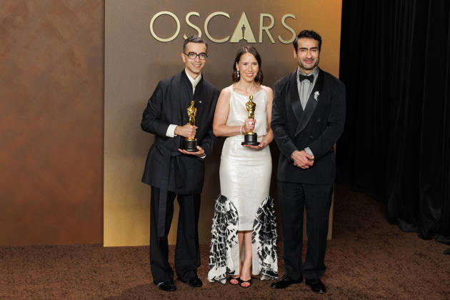 March 15, 2026, Hollywood, California, USA: (L-R) Alexandre Singh and Natalie Musteata, winners of the Best Live Action Short Film Award for â€oeTwo People Exchanging Salivaâ€Â, pose with Kumail Nanjiani in the press room of the 98th Annual Academy Awards on Sunday March 15, 2026 at the Dolby Theater in Hollywood, California. PRENSA INTERNACIONAL Hollywood USA - ZUMAp124 20260315_zaa_p124_315 Copyright: xPrensaxInternacionalx