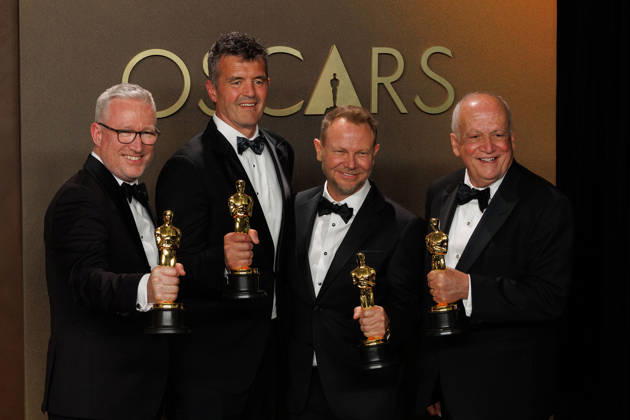 March 15, 2026, Hollywood, California, USA: (L-R) Daniel Barrett, Eric Saindon, Richard Baneham, and Joe Letteri, winners of the Best Visual Effects award for â€oeAvatar: Fire and Ashâ€Â, pose in the press room of the 98th Annual Academy Awards on Sunday March 15, 2026 at the Dolby Theater in Hollywood, California. PRENSA INTERNACIONAL Hollywood USA - ZUMAp124 20260315_zaa_p124_317 Copyright: xPrensaxInternacionalx