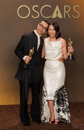 March 15, 2026, Hollywood, California, USA: (L-R) Alexandre Singh and Natalie Musteata, winners of the Best Live Action Short Film Award for â€oeTwo People Exchanging Salivaâ€Â, pose in the press room of the 98th Annual Academy Awards on Sunday March 15, 2026 at the Dolby Theater in Hollywood, California. PRENSA INTERNACIONAL Hollywood USA - ZUMAp124 20260315_zaa_p124_302 Copyright: xPrensaxInternacionalx