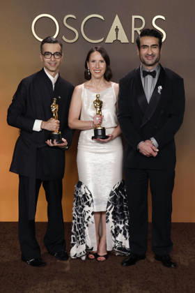 March 15, 2026, Hollywood, California, USA: (L-R) Alexandre Singh, Kumail Nanjiani and Natalie Musteata in the press room of the 98th Annual Academy Awards on Sunday March 15, 2026 at the Dolby Theater in Hollywood, California. BURT HARRIS BNS PI Hollywood USA - ZUMAp124 20260315_zaa_p124_290 Copyright: xBurtxHarrisx