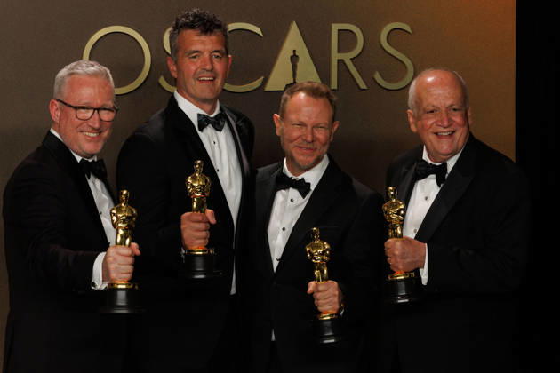 March 15, 2026, Hollywood, California, USA: (L-R) Daniel Barrett, Eric Saindon, Richard Baneham, and Joe Letteri, winners of the Best Visual Effects award for â€oeAvatar: Fire and Ashâ€Â, pose in the press room of the 98th Annual Academy Awards on Sunday March 15, 2026 at the Dolby Theater in Hollywood, California. PRENSA INTERNACIONAL Hollywood USA - ZUMAp124 20260315_zaa_p124_324 Copyright: xPrensaxInternacionalx