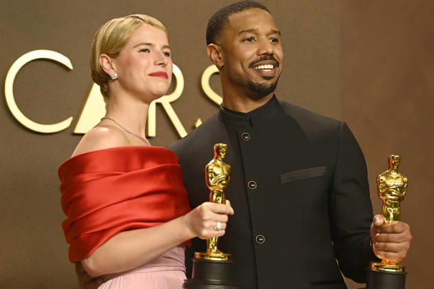 HOLLYWOOD, CA - MARCH 15: Jessie Buckley and Michael B. Jordan in the press room at the 98th Oscars at Dolby Theatre on March 15, 2026 in Hollywood, California. Copyright: xMediaPunchx